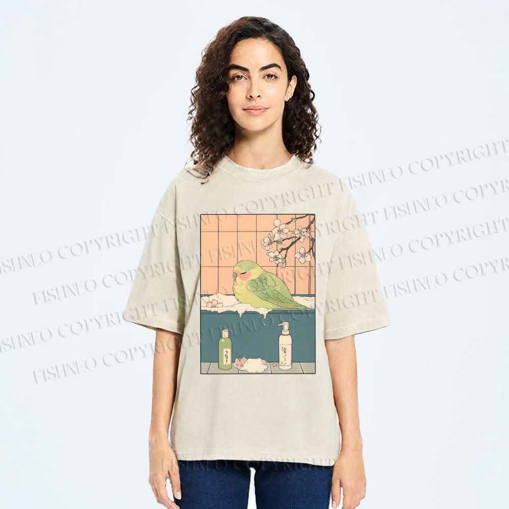 Unisex Parakeet in Bathtub Ukiyo-e Printed Washed Tee