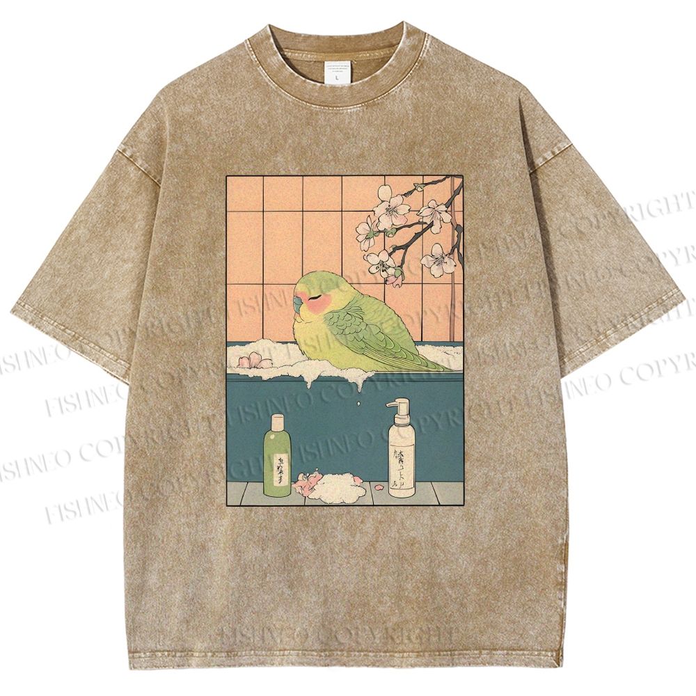 Unisex Parakeet in Bathtub Ukiyo-e Printed Washed Tee