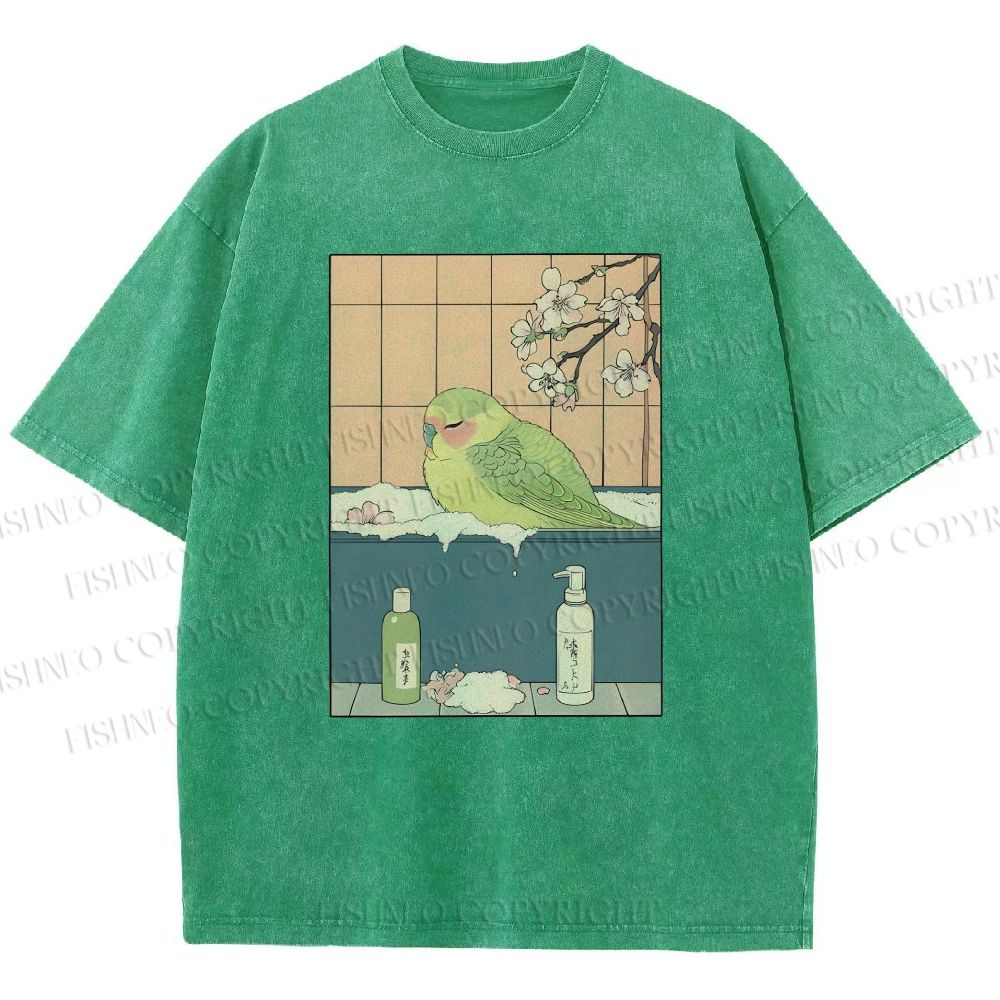 Unisex Parakeet in Bathtub Ukiyo-e Printed Washed Tee
