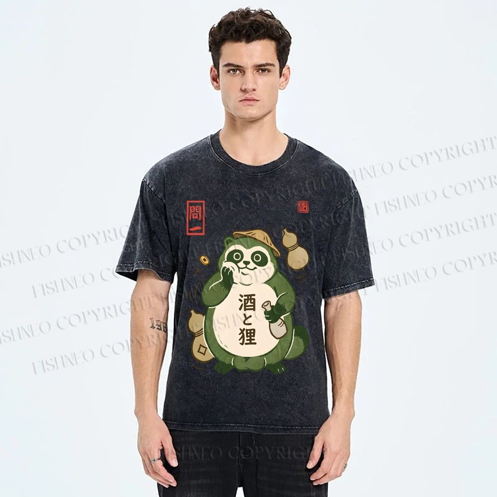 Unisex Drunk Tanuki Printed Washed Tee