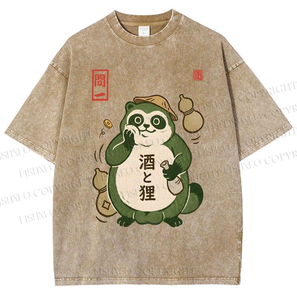 Unisex Drunk Tanuki Printed Washed Tee
