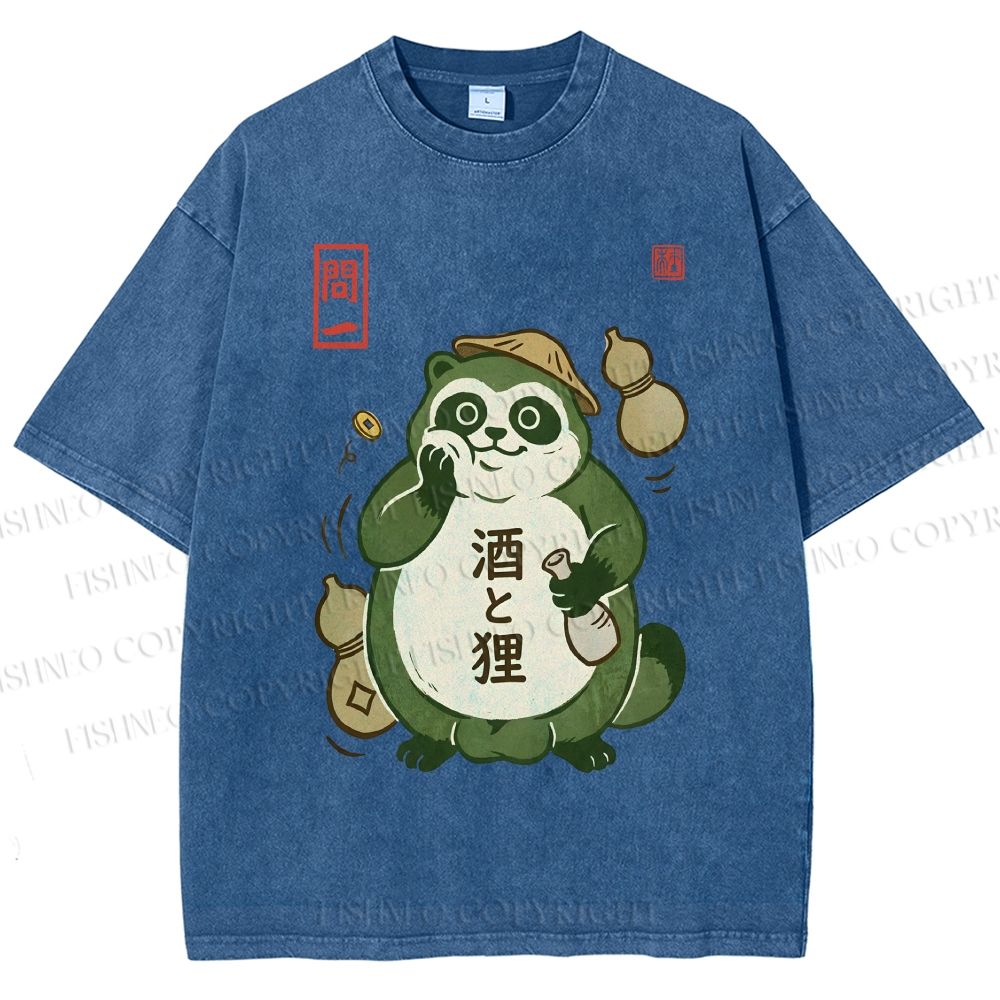 Unisex Drunk Tanuki Printed Washed Tee