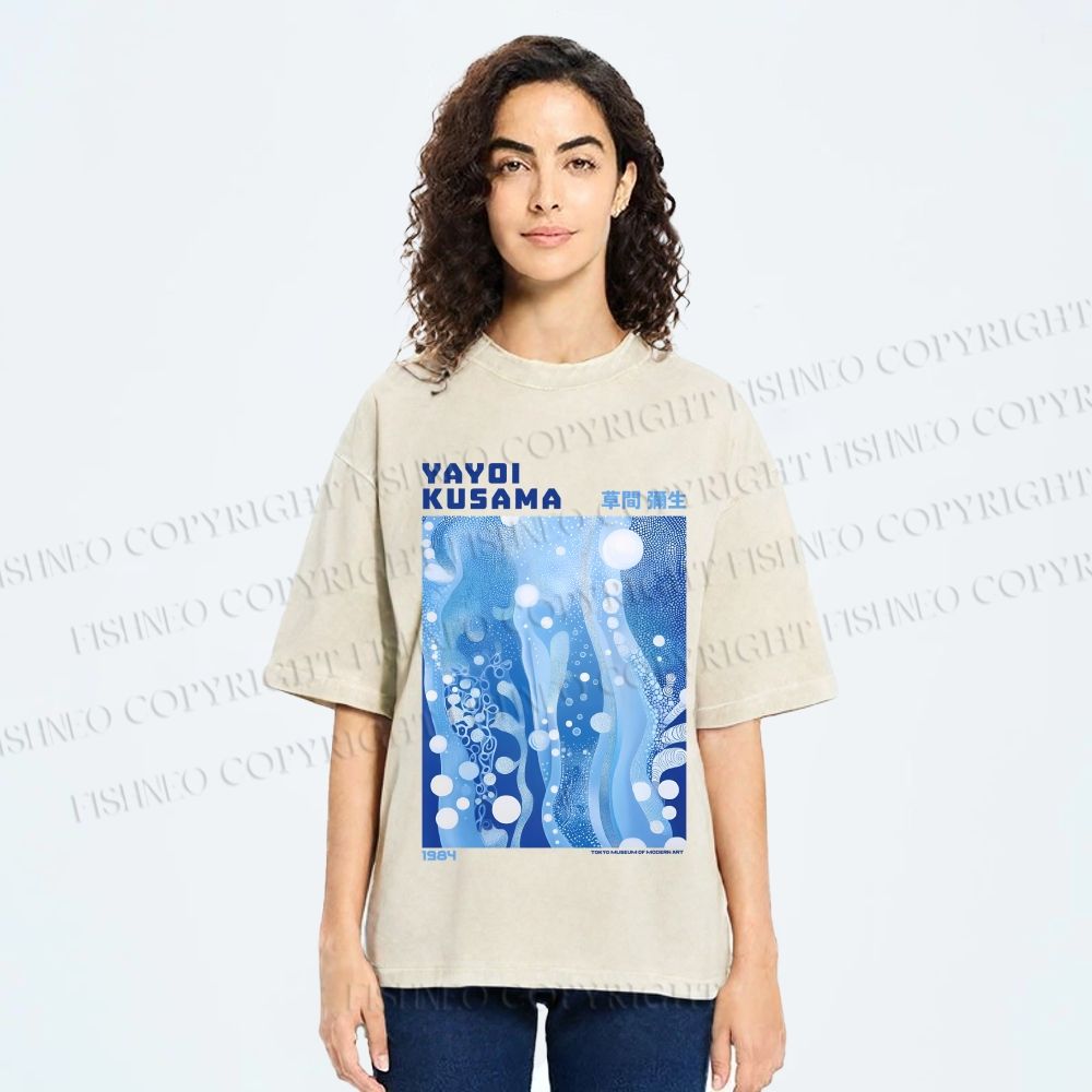 Unisex Yayoi Kusama Blue Graffiti Printed Washed Tee