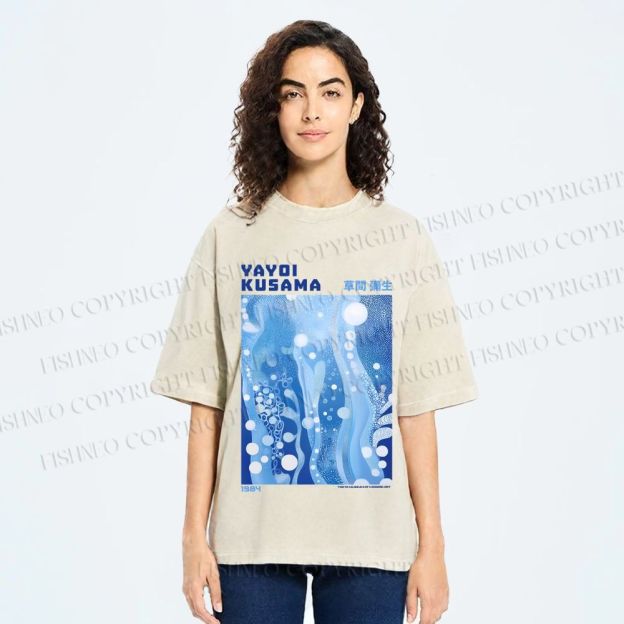 Unisex Yayoi Kusama Blue Graffiti Printed Washed Tee