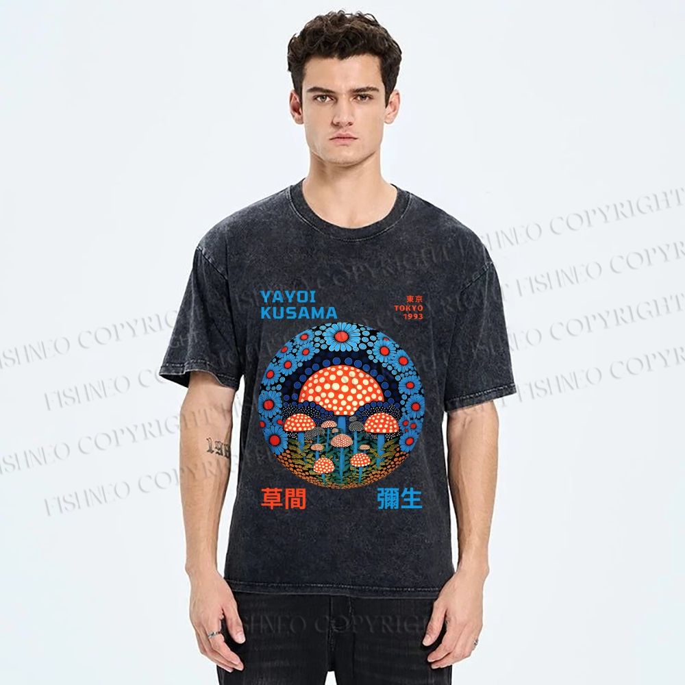 Unisex Yayoi Kusama Mushroom Printed Washed Tee