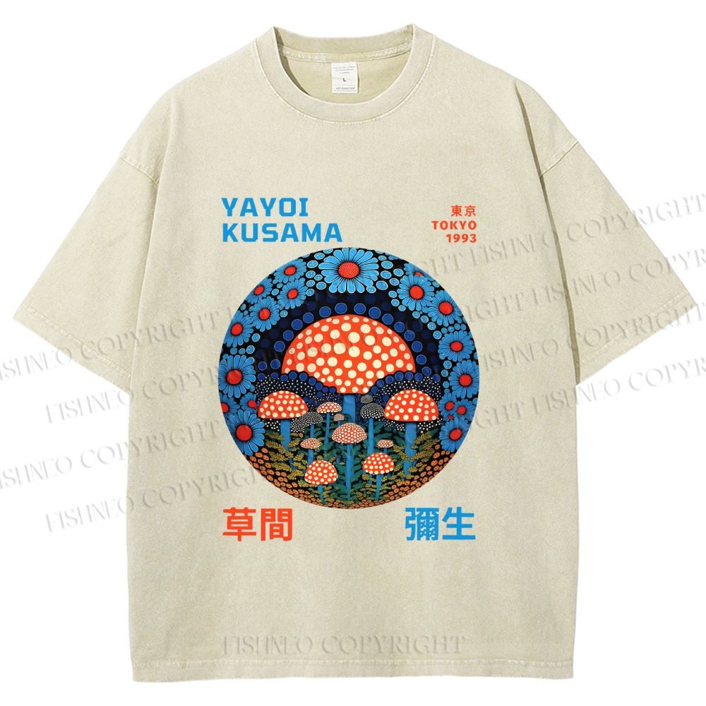 Unisex Yayoi Kusama Mushroom Printed Washed Tee