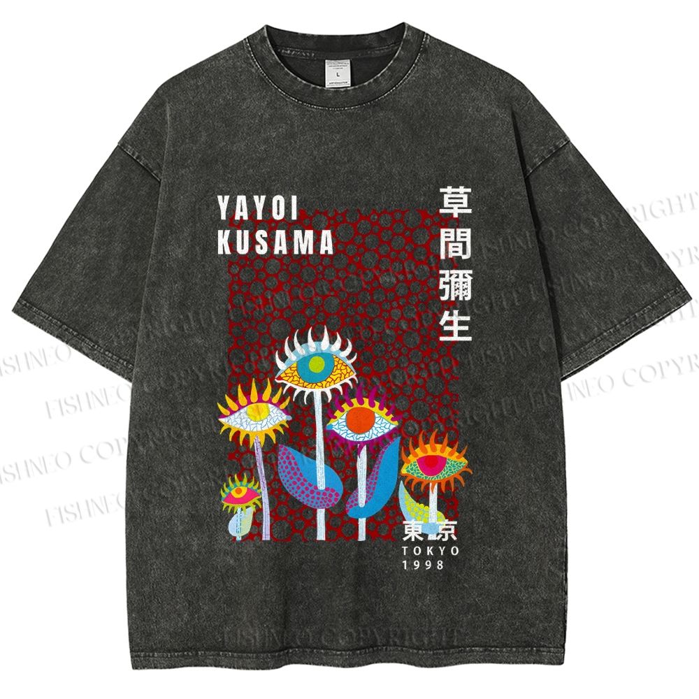 Unisex Yayoi Kusama Weird Eye Flowers Printed Washed Tee