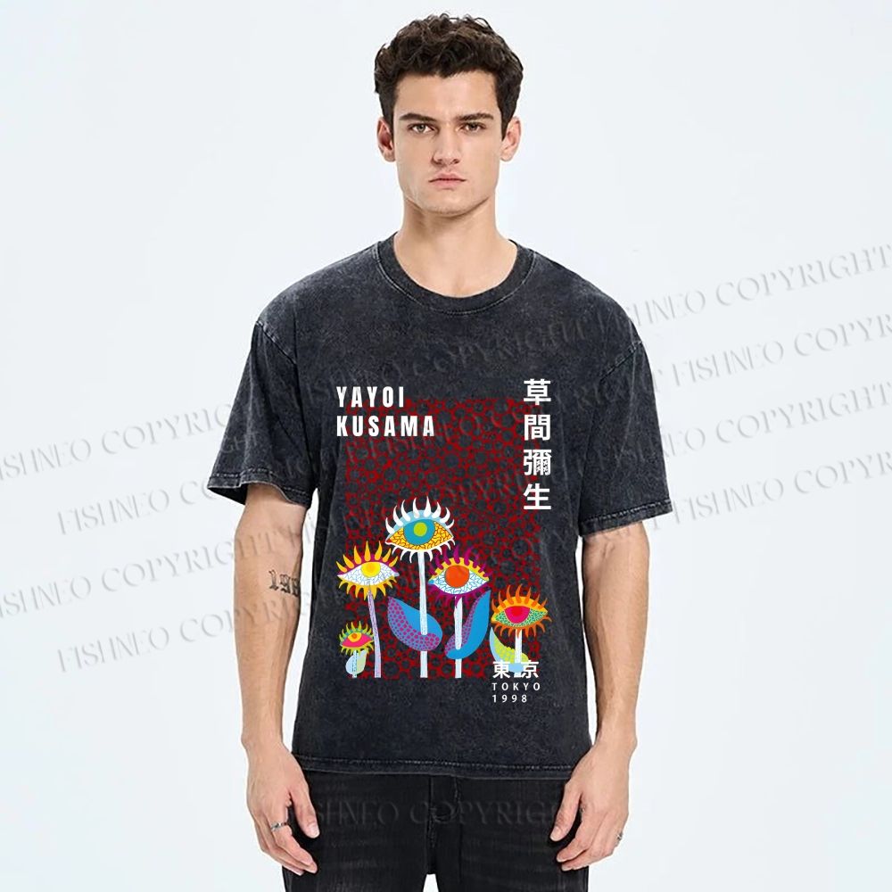 Unisex Yayoi Kusama Weird Eye Flowers Printed Washed Tee