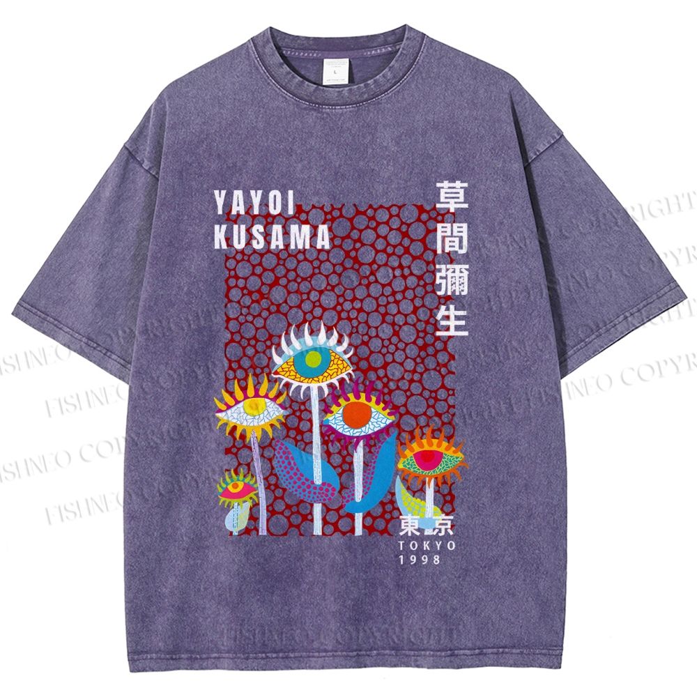 Unisex Yayoi Kusama Weird Eye Flowers Printed Washed Tee