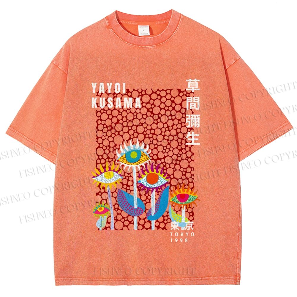 Unisex Yayoi Kusama Weird Eye Flowers Printed Washed Tee