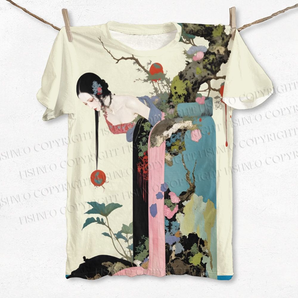 Unisex Vintage Tree Woman Japanese Art Printed Classic Cotton T-shirt
