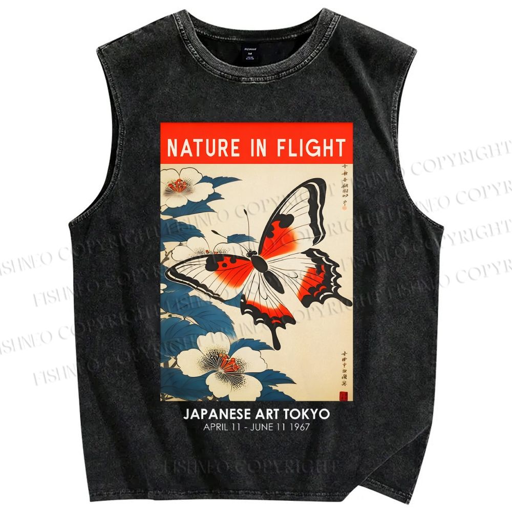 Unisex Japanese Butterfly Woodblock Printed Washed Tank Top
