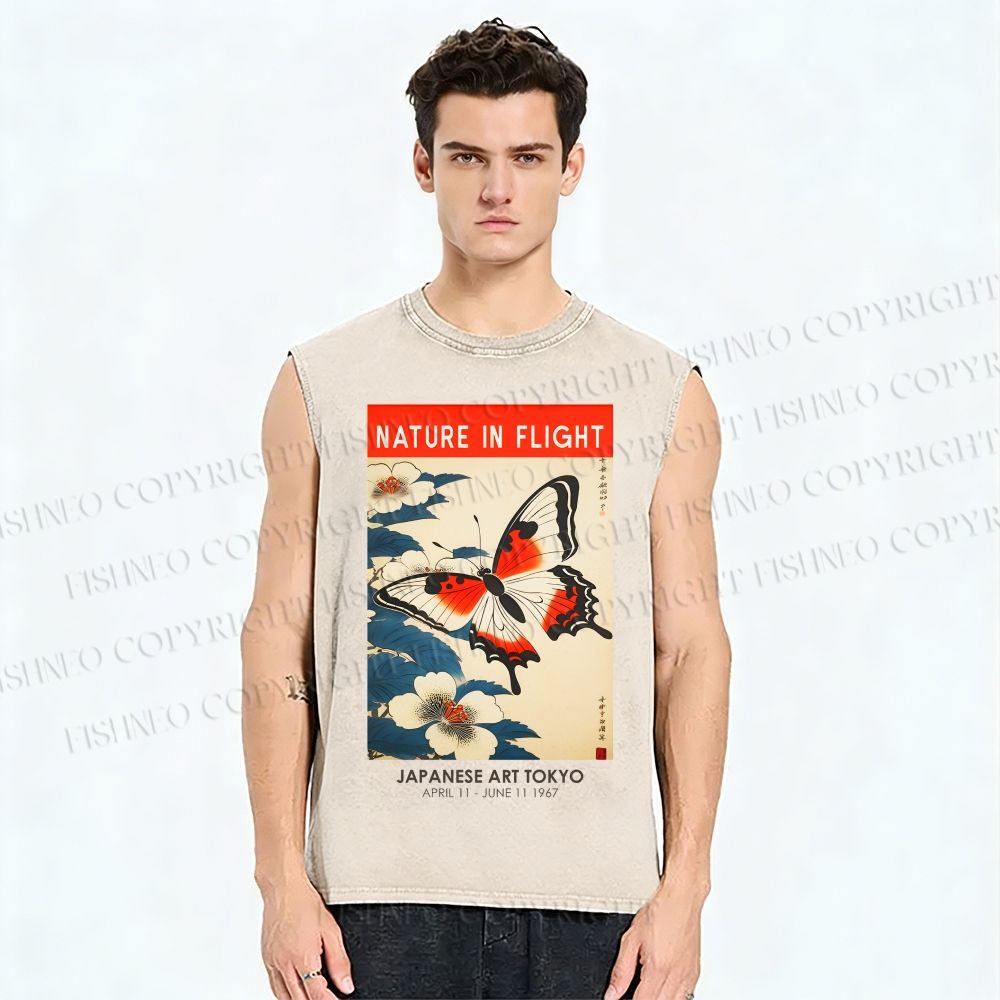 Unisex Japanese Butterfly Woodblock Printed Washed Tank Top