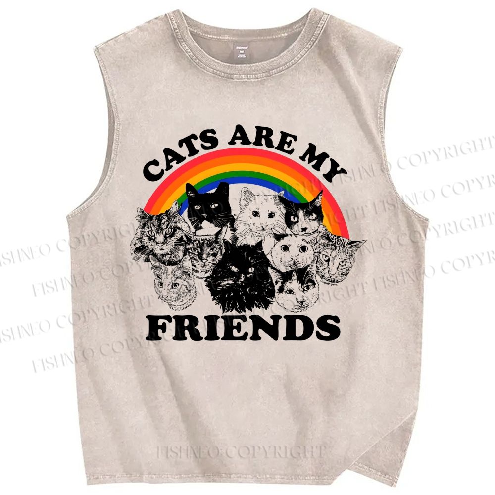 Unisex Cats Are My Friends Printed Washed Tank Top