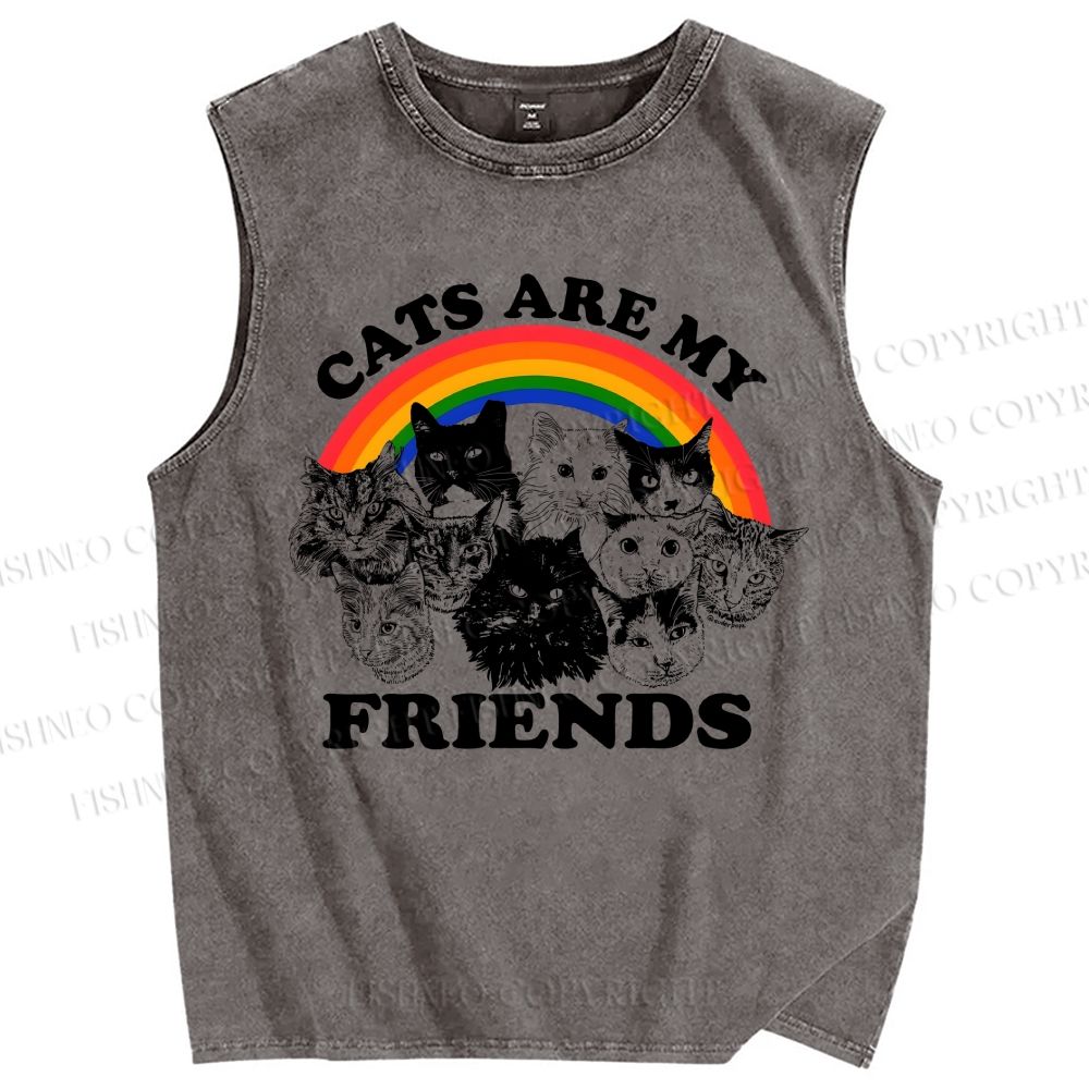 Unisex Cats Are My Friends Printed Washed Tank Top