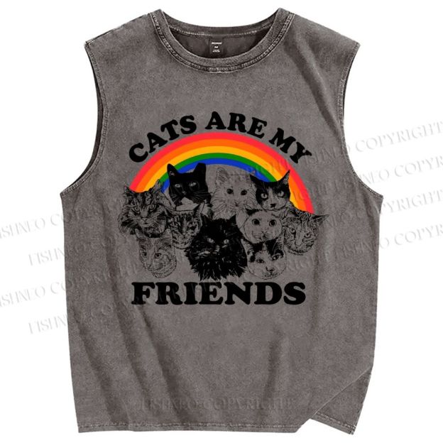 Unisex Cats Are My Friends Printed Washed Tank Top