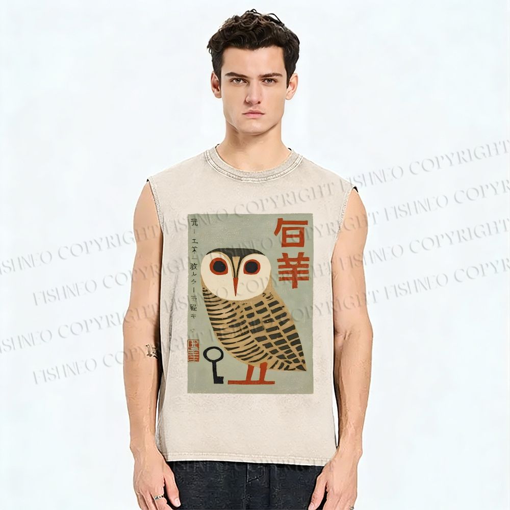 Unisex Japanese Owl Printed Washed Tank Top