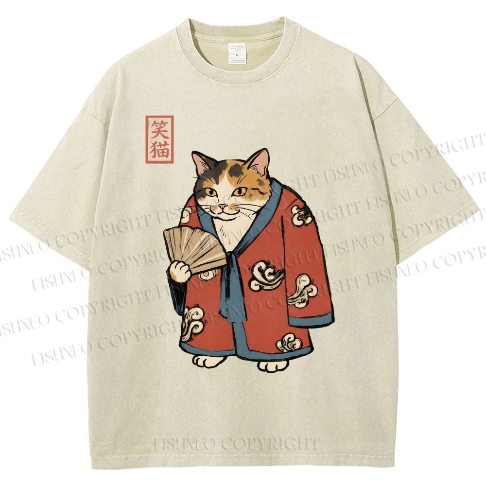 Unisex Ukiyo-e Cat Printed Washed Tee