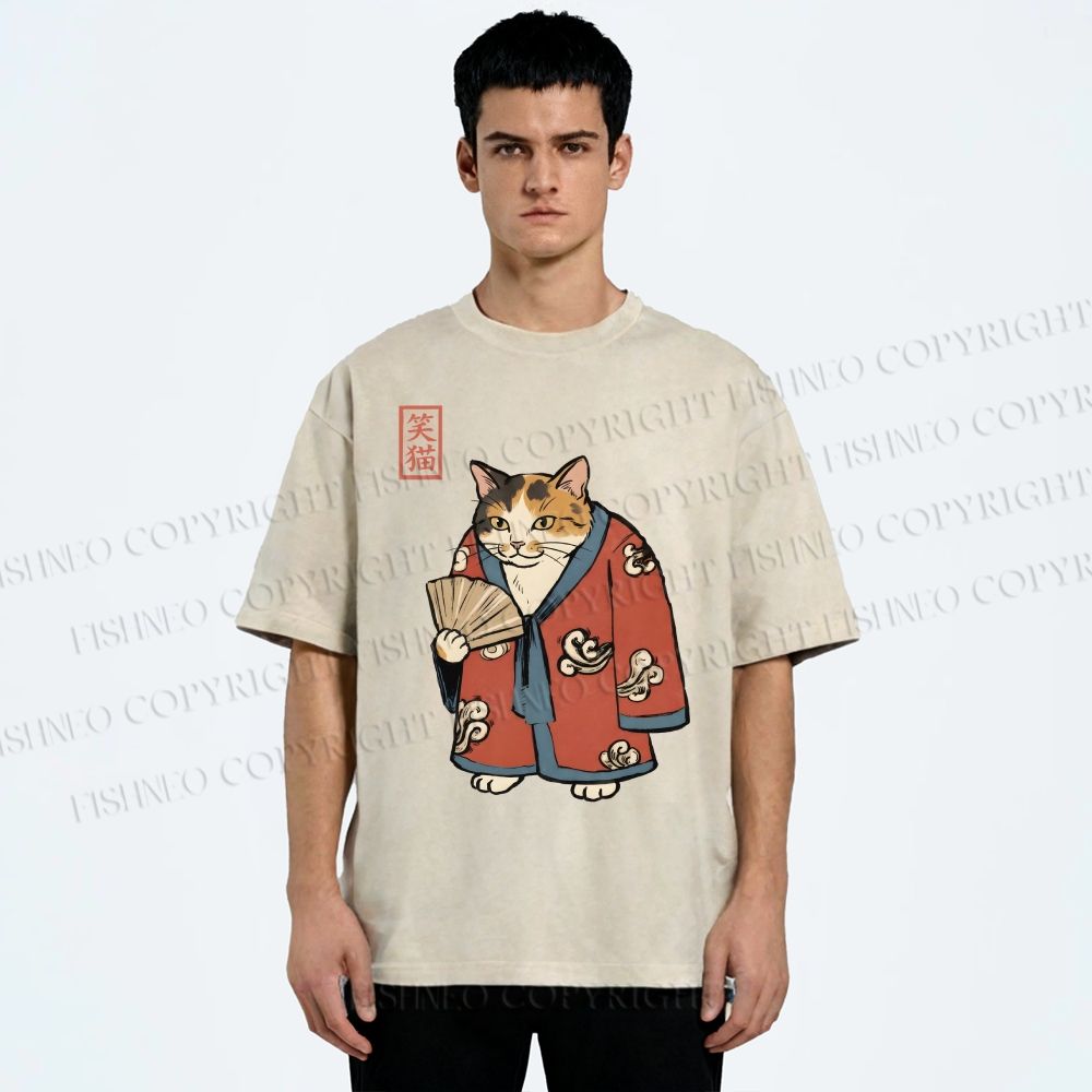 Unisex Ukiyo-e Cat Printed Washed Tee