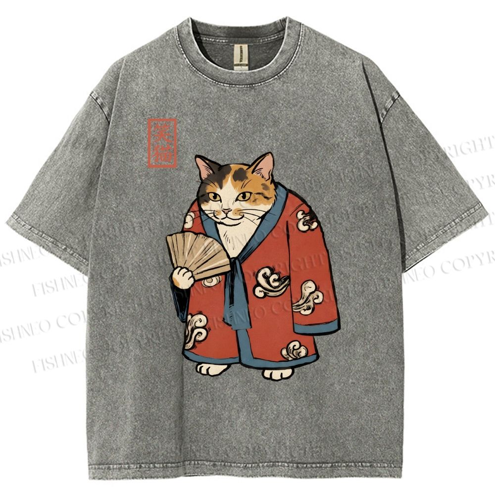 Unisex Ukiyo-e Cat Printed Washed Tee