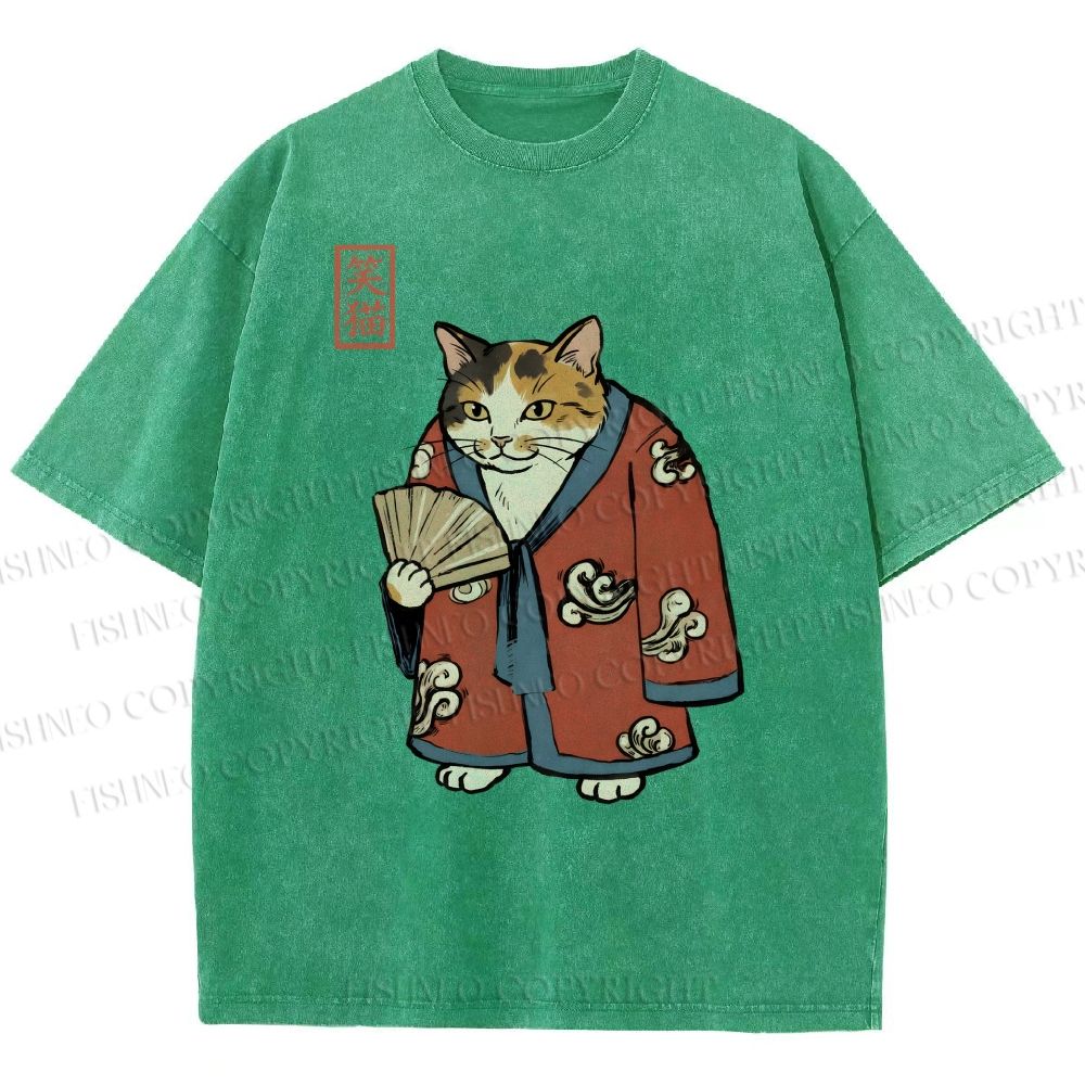 Unisex Ukiyo-e Cat Printed Washed Tee