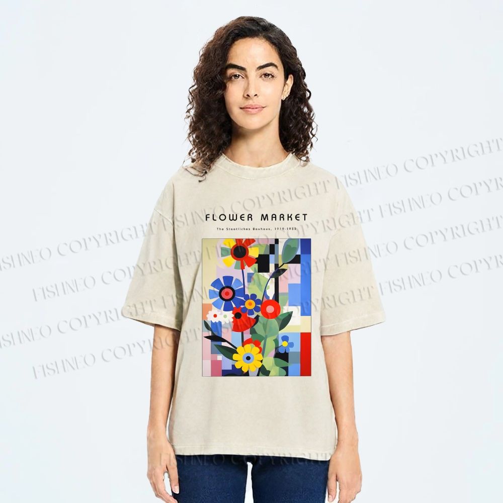 Unisex Bauhaus Minimalist Abstract Flower Printed Washed Tee