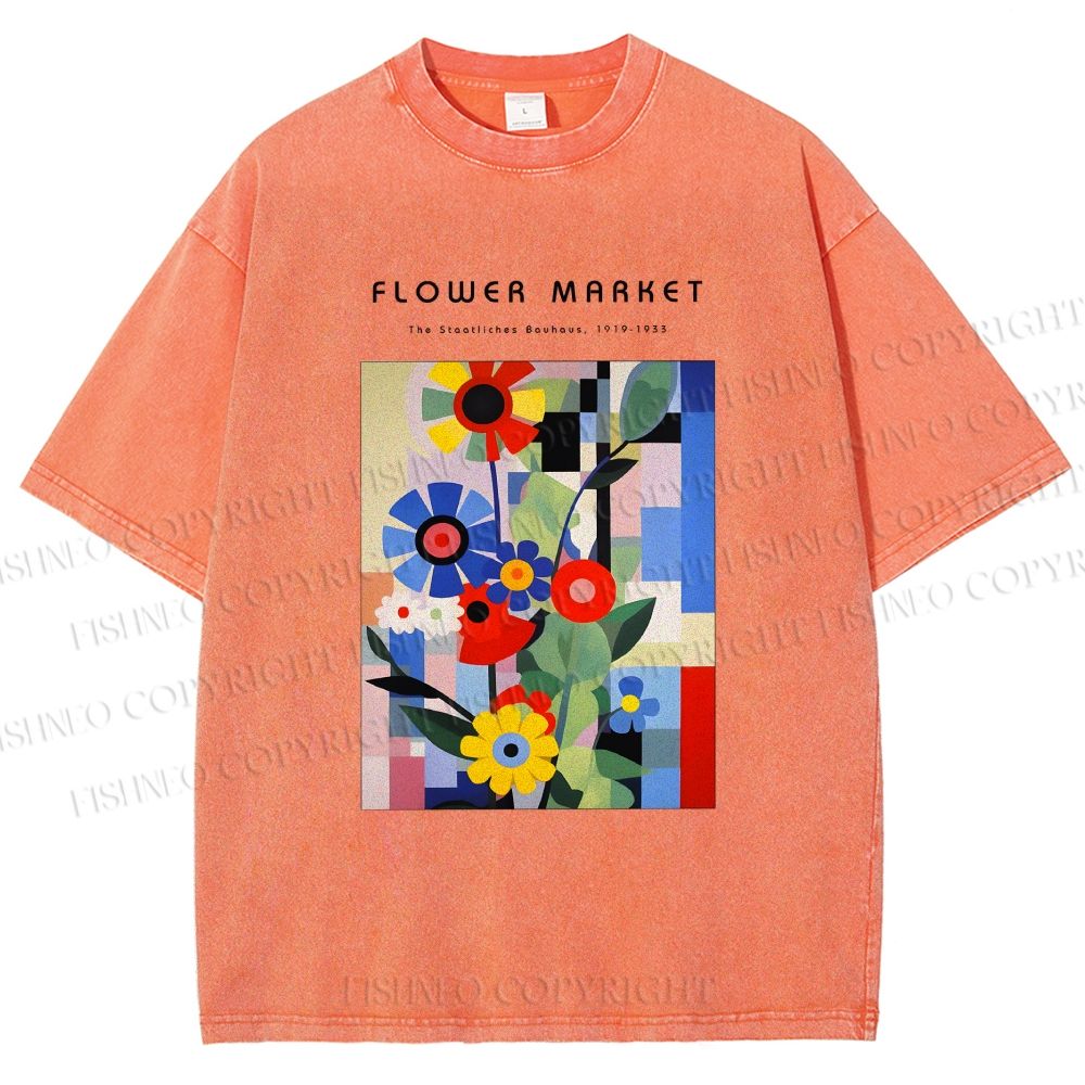 Unisex Bauhaus Minimalist Abstract Flower Printed Washed Tee