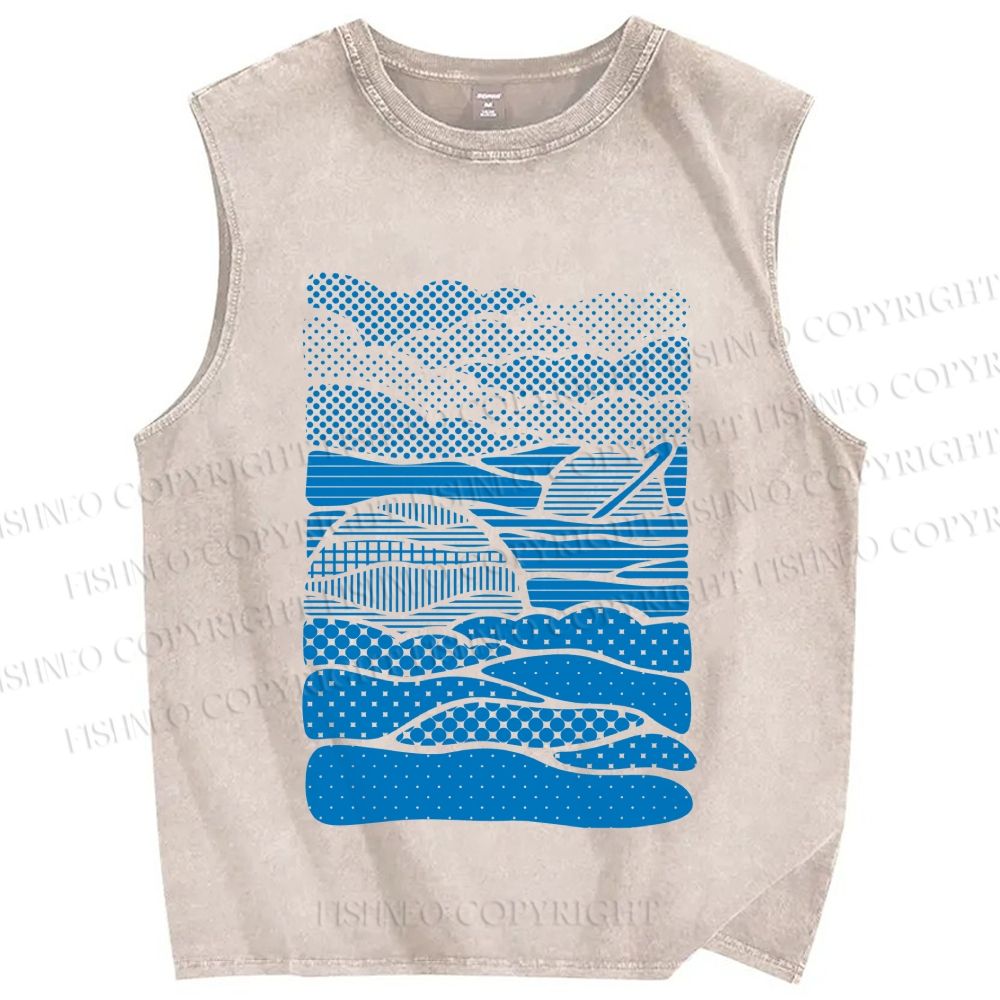 Unisex Blue Polka Dots Wave Printed Washed Tank Top