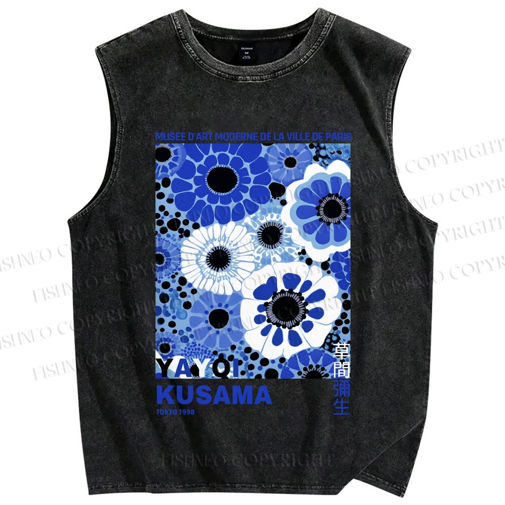 Unisex Yayoi Kusama Blue Flowers Printed Washed Tank Top