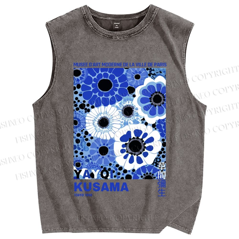 Unisex Yayoi Kusama Blue Flowers Printed Washed Tank Top