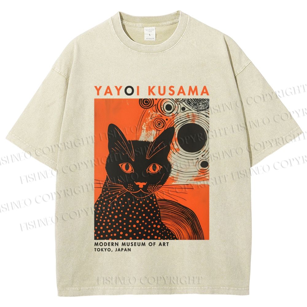 Unisex Yayoi Kusama Black Cat With Circles Printed Washed Tee