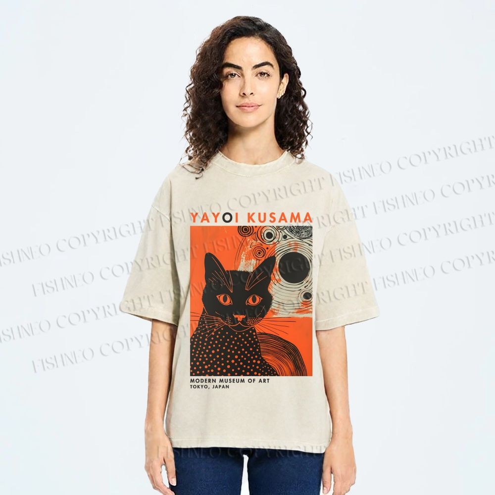 Unisex Yayoi Kusama Black Cat With Circles Printed Washed Tee