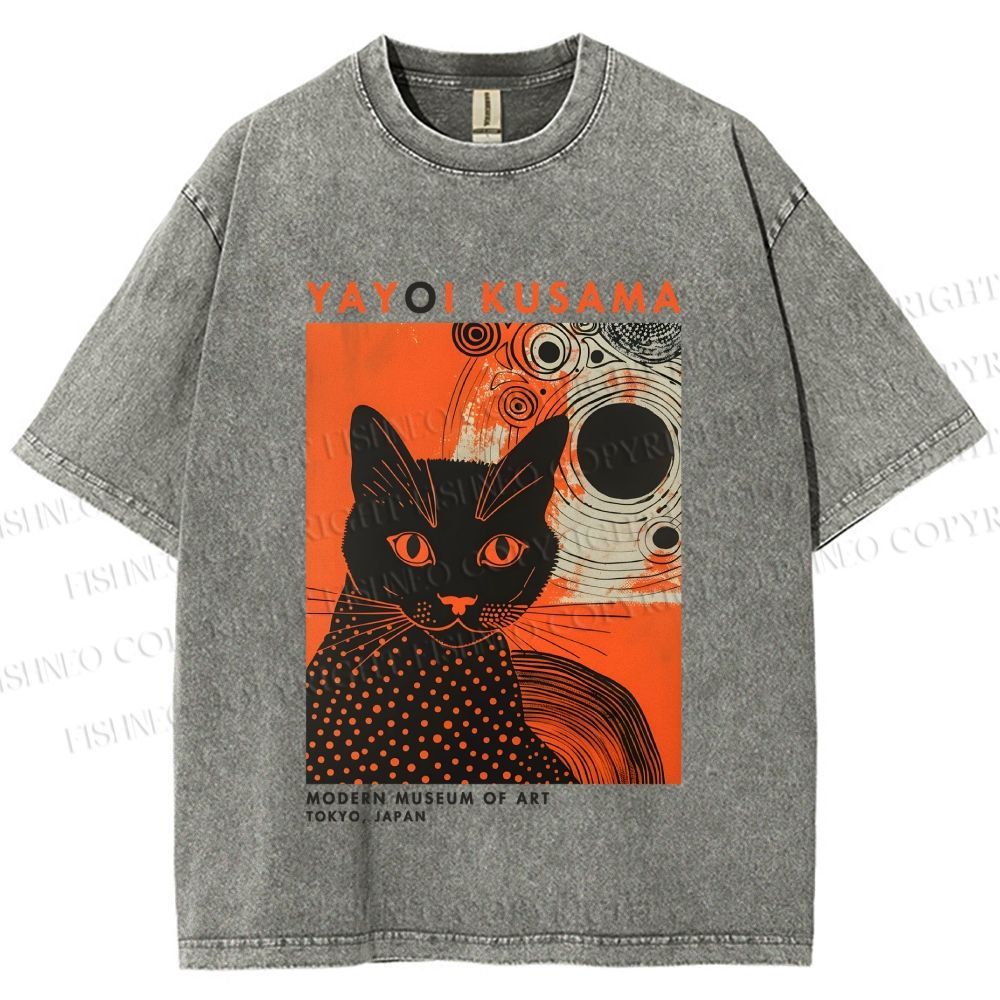 Unisex Yayoi Kusama Black Cat With Circles Printed Washed Tee
