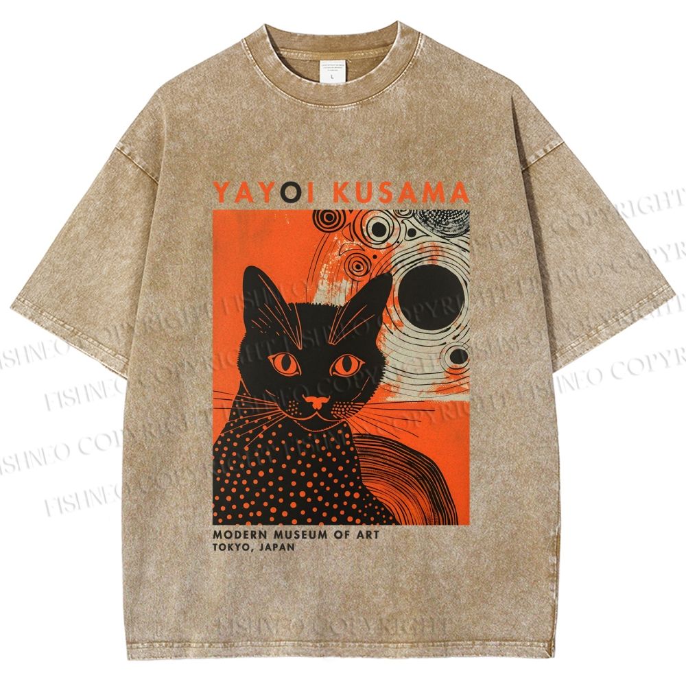 Unisex Yayoi Kusama Black Cat With Circles Printed Washed Tee