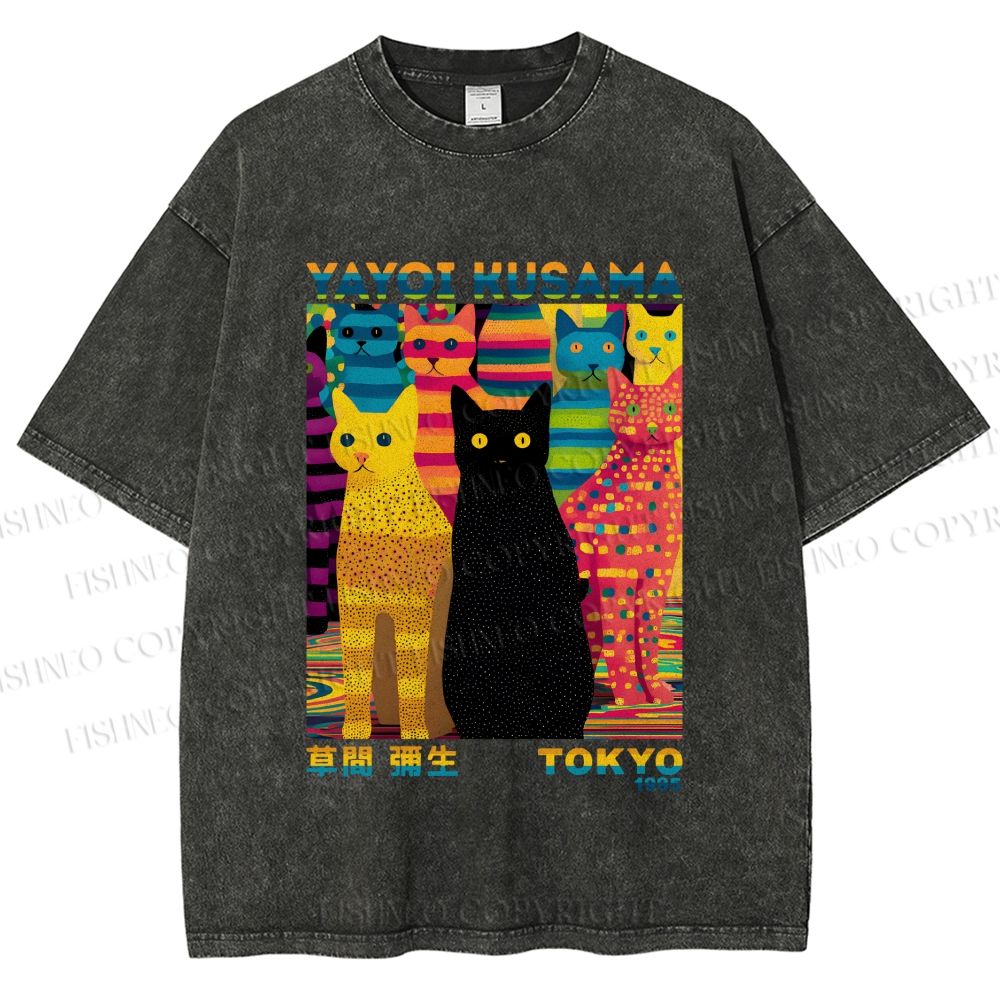 Unisex Yayoi Kusama Multicolor Cats Printed Washed Tee