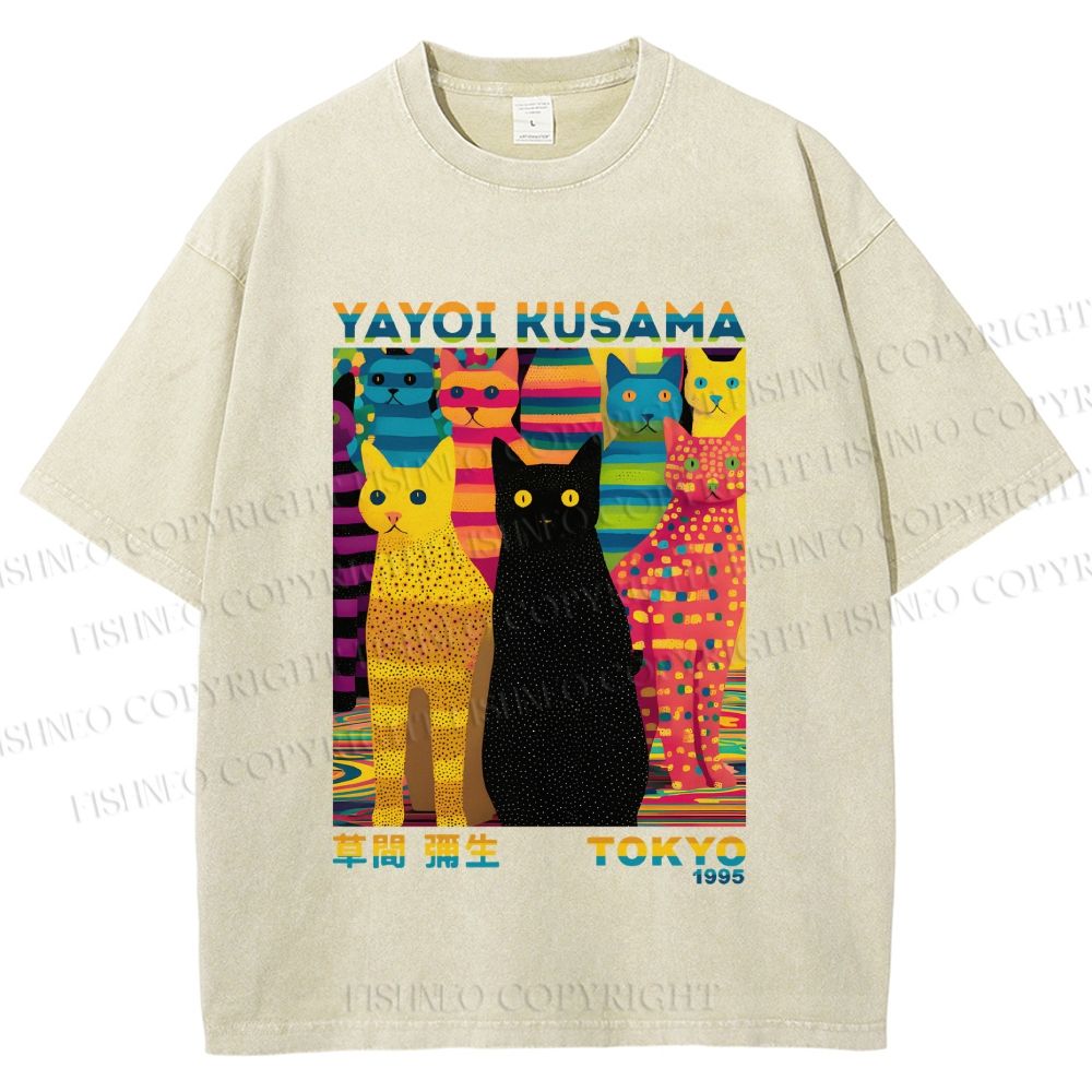 Unisex Yayoi Kusama Multicolor Cats Printed Washed Tee