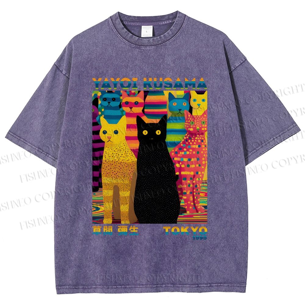 Unisex Yayoi Kusama Multicolor Cats Printed Washed Tee