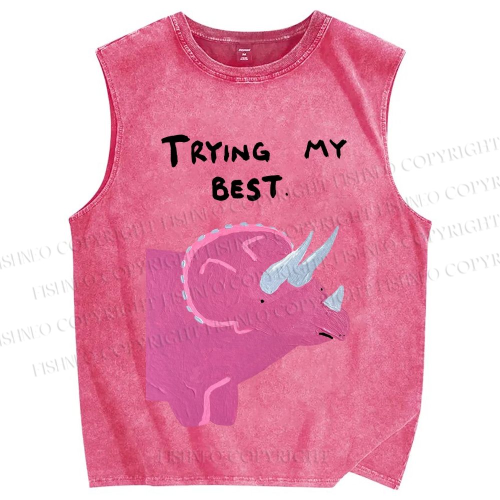 Unisex Trying My Best Triceratops Printed Washed Tank Top