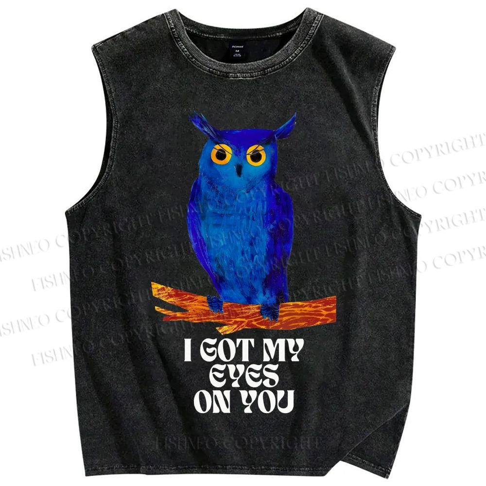Unisex I Got My Eyes On You Blue Owl Printed Washed Tank Top