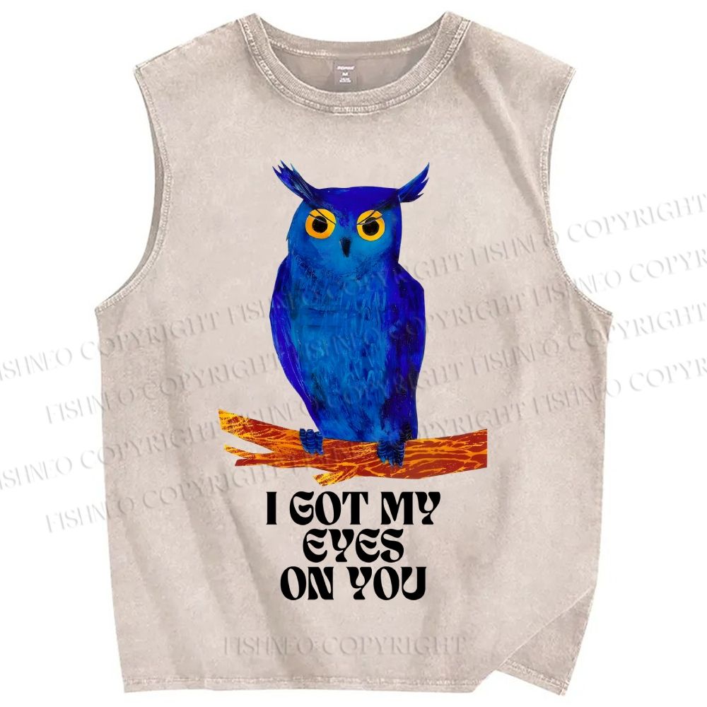 Unisex I Got My Eyes On You Blue Owl Printed Washed Tank Top
