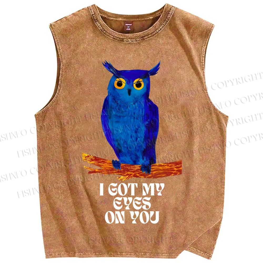 Unisex I Got My Eyes On You Blue Owl Printed Washed Tank Top