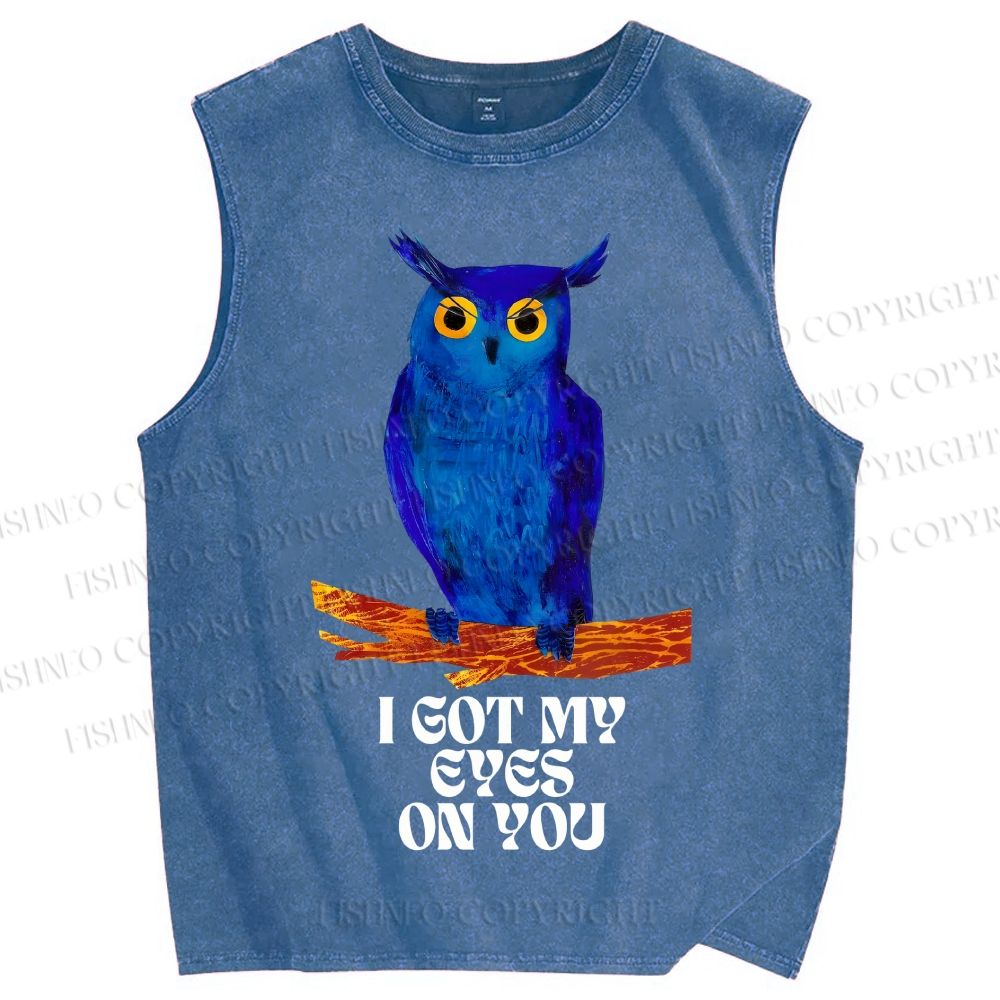 Unisex I Got My Eyes On You Blue Owl Printed Washed Tank Top