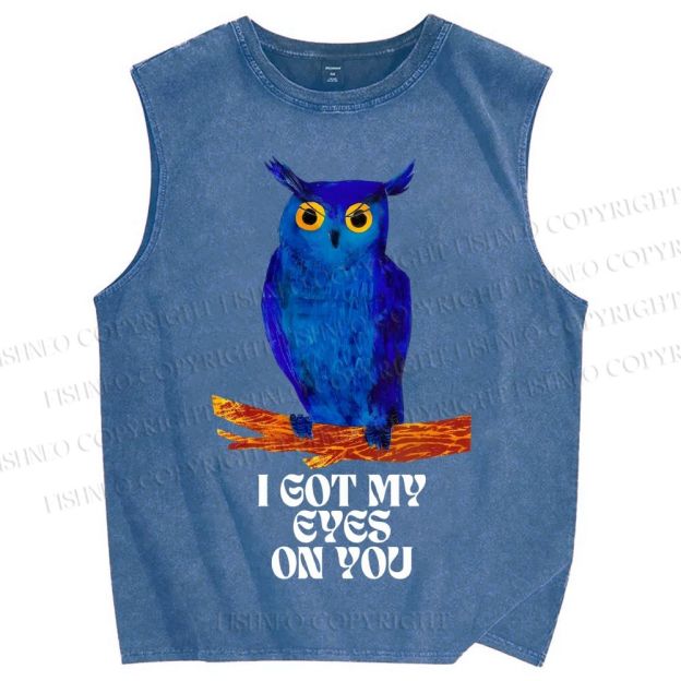 Unisex I Got My Eyes On You Blue Owl Printed Washed Tank Top