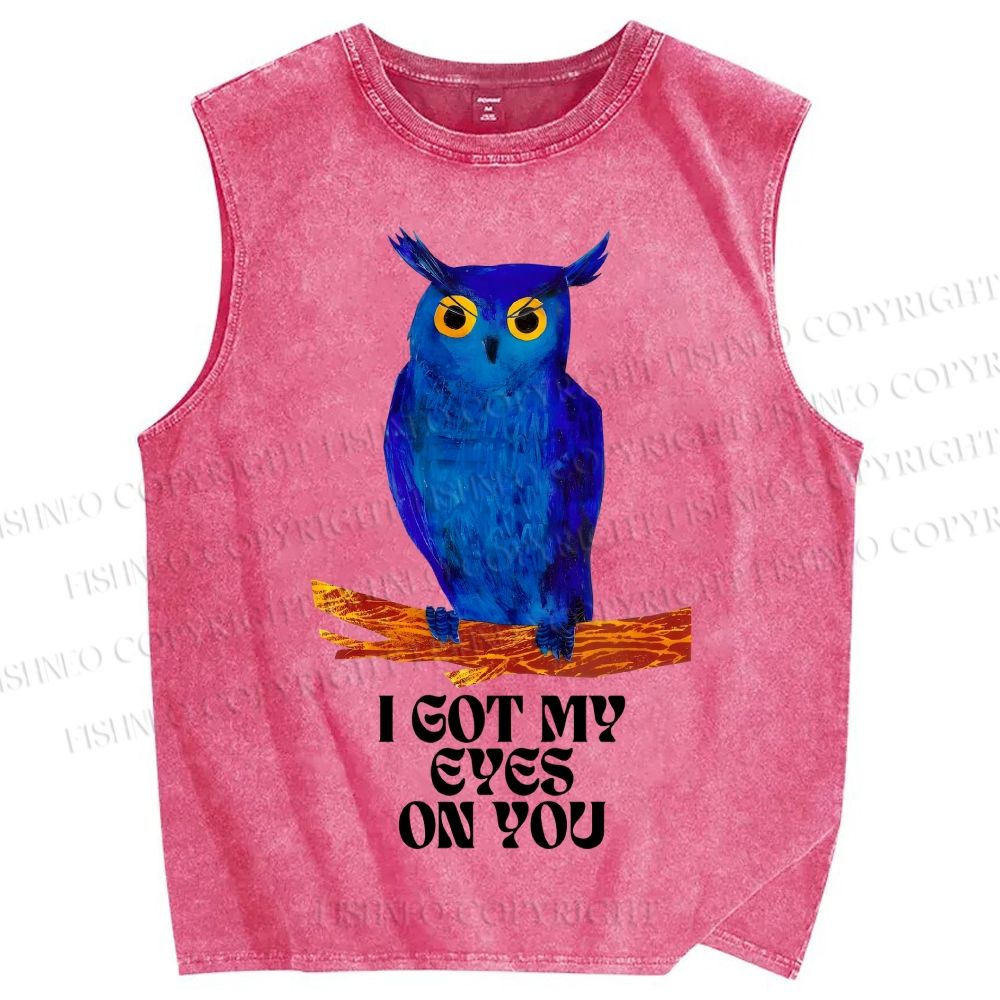 Unisex I Got My Eyes On You Blue Owl Printed Washed Tank Top