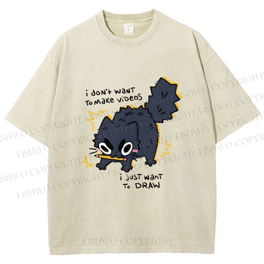 Unisex Angry Cat Dont Want to Make Videos Printed Washed Tee