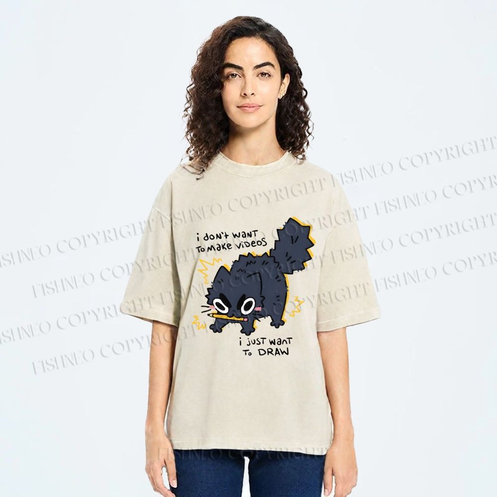 Unisex Angry Cat Dont Want to Make Videos Printed Washed Tee