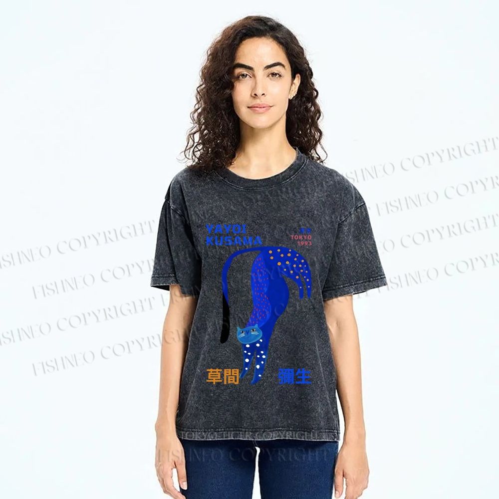 Unisex Yayoi Kusama Funny Blue Cat Printed Washed Tee