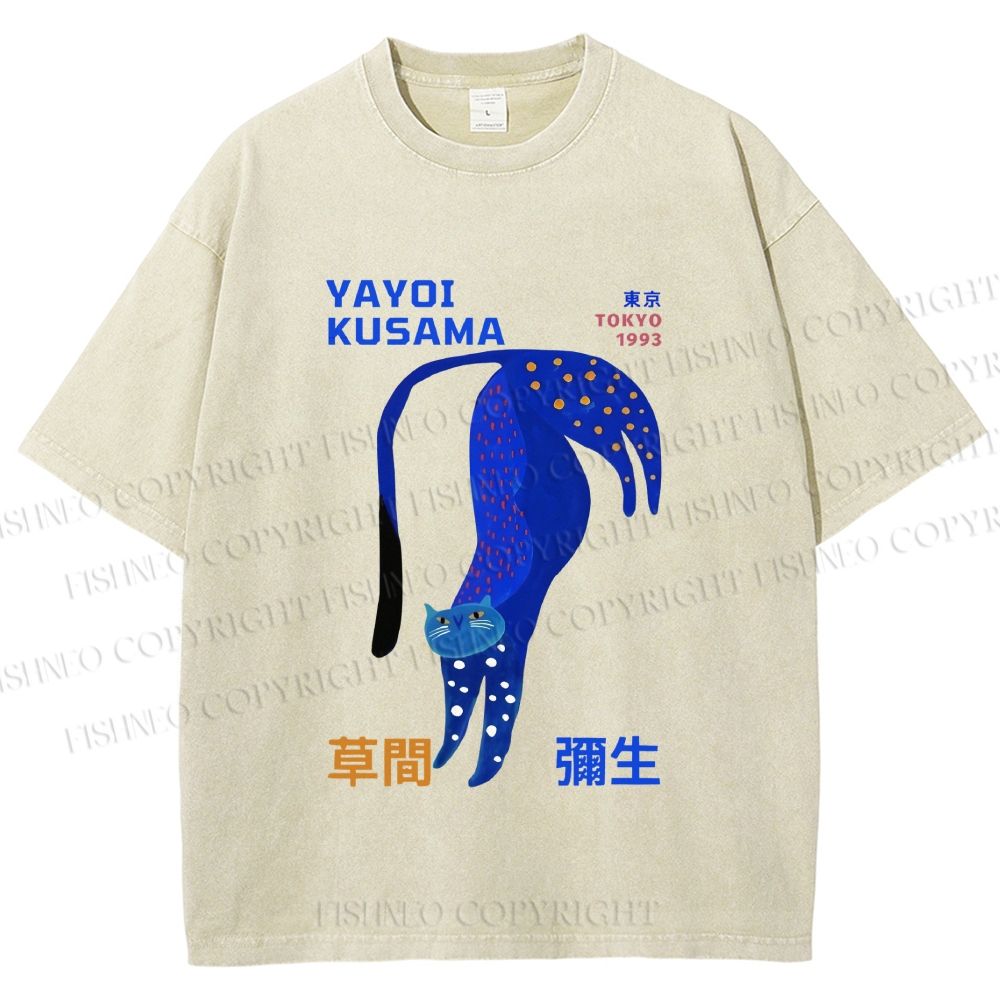 Unisex Yayoi Kusama Funny Blue Cat Printed Washed Tee