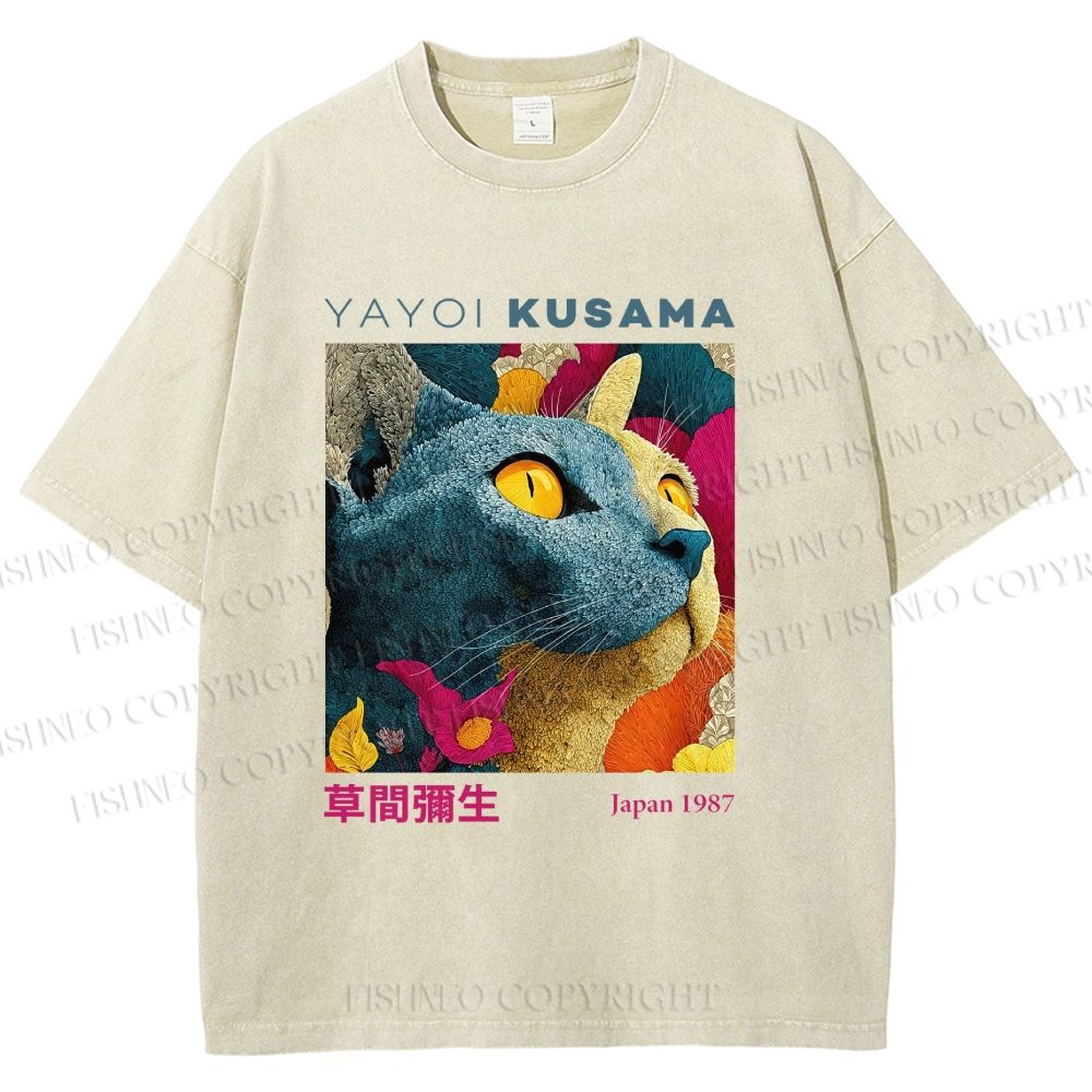 Unisex Yayoi Kusama Cat Printed Washed Tee