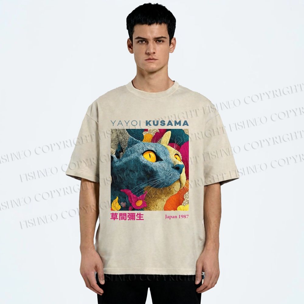 Unisex Yayoi Kusama Cat Printed Washed Tee